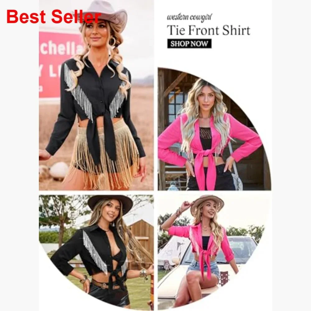 Sparkly Fringe Cropped Button Down Shirt with Rolled 3/4 Sleeves - Picture 5 of 7